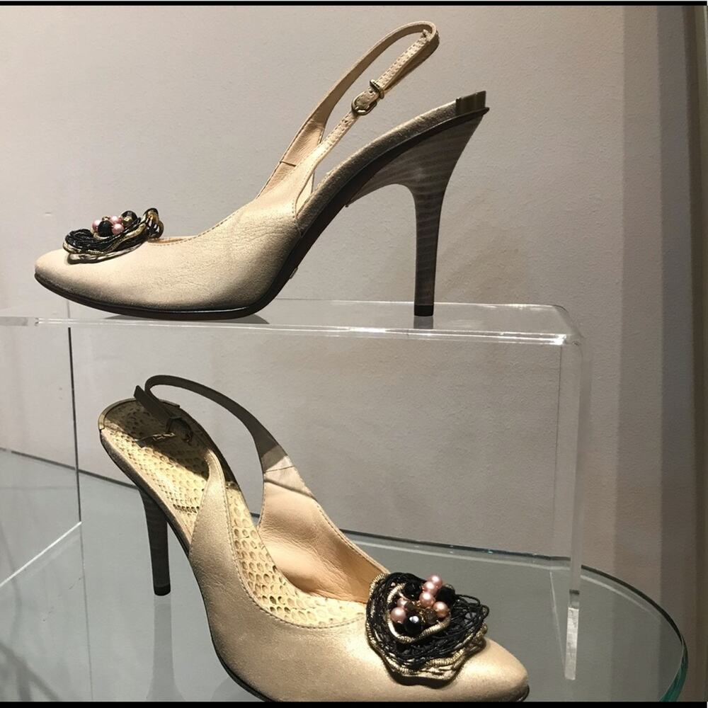 “Shy” matte gold round toe sling back w/ ornament